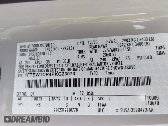 2023 Ford F-150 XL with VIN 1FTEW1CP4PKG23073, listed as a IAAI auction lot 41921112 with 13,643 mi miles and . Bid and sale history available at DreamBid. Image 9.