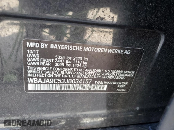 2018 BMW 5 Series 530e with VIN WBAJA9C53JB034157, listed as a Copart auction lot 54392415 with Not provided miles and Salvage title. Bid and sale history available at DreamBid. Image 12.