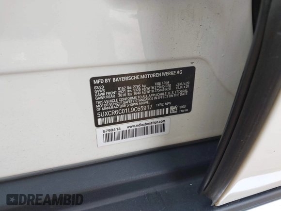2020 BMW X5 xDrive40i with VIN 5UXCR6C01L9C65917, listed as a IAAI auction lot 41737691 with 66,657 mi miles and . Bid and sale history available at DreamBid. Image 9.