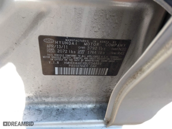 2011 Hyundai Elantra Ltd with VIN KMHDH4AEXBU154489, listed as a IAAI auction lot 41807390 with 145,662 mi miles. Bid and sale history available at carsss.com. Image 9.