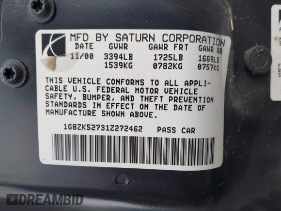 2001 Saturn SL with VIN 1G8ZK52731Z272462, listed as a IAAI auction lot 41717491 with 185,299 mi miles and . Bid and sale history available at DreamBid. Image 9.