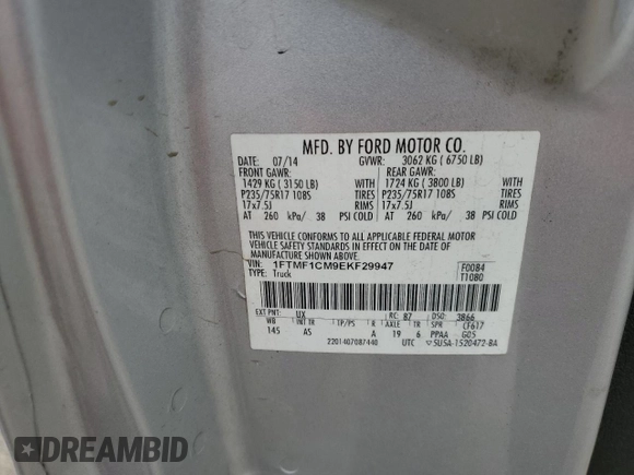 2014 Ford F-150 XL with VIN 1FTMF1CM9EKF29947, listed as a Copart auction lot 57412785 with 250,470 mi miles and Salvage title. Bid and sale history available at DreamBid. Image 12.