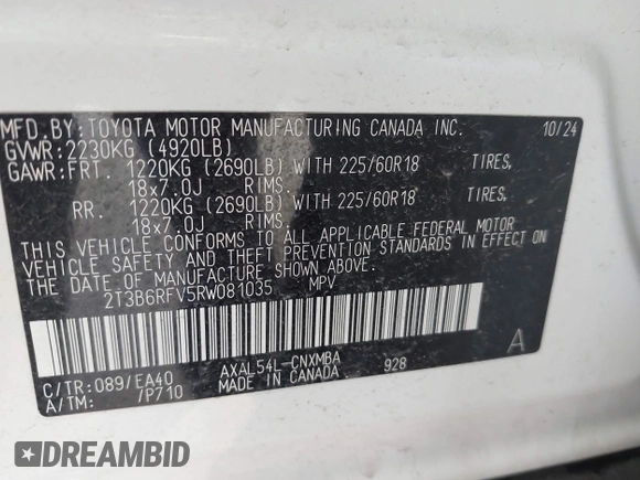 2024 Toyota RAV4 Hybrid XLE Premium with VIN 2T3B6RFV5RW081035, listed as a IAAI auction lot 41993266 with 12,159 mi miles. Bid and sale history available at carsss.com. Image 9.