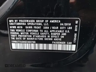 2016 Volkswagen Passat S with VIN 1VWAT7A30GC053798, listed as a IAAI auction lot 42104287 with 58,641 mi miles and . Bid and sale history available at DreamBid. Image 9.