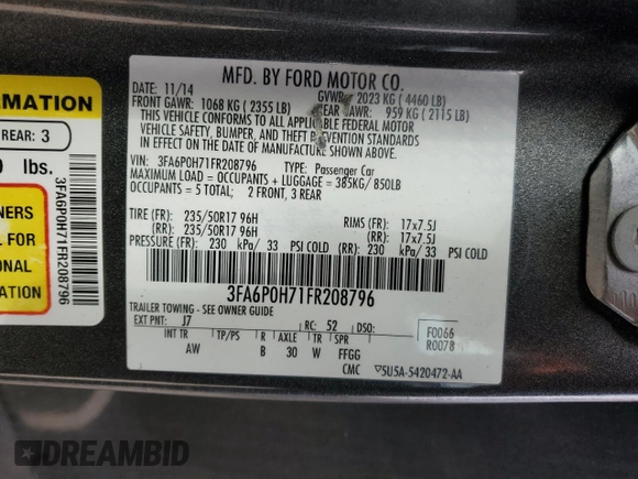 2015 Ford Fusion SE with VIN 3FA6P0H71FR208796, listed as a Copart auction lot 88494925 with 106,358 mi miles and Salvage title. Bid and sale history available at DreamBid. Image 14.