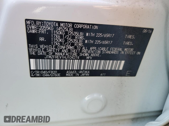 2017 Toyota RAV4 LE with VIN JTMZFREV1HJ104274, listed as a Copart auction lot 55679985 with 105,660 mi miles and Salvage Title. Bid and sale history available at DreamBid. Image 14.