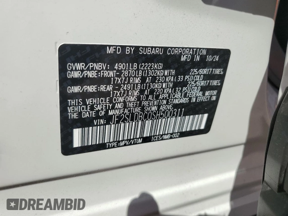 2025 Subaru Forester Premium with VIN JF2SLDBC0SH500311, listed as a Copart auction lot 55269395 with 508 mi miles and Salvage title. Bid and sale history available at DreamBid. Image 13.