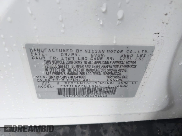 2024 Nissan Kicks S with VIN 3N1CP5BV7RL541662, listed as a IAAI auction lot 42186010 with 14,450 mi miles and . Bid and sale history available at DreamBid. Image 8.