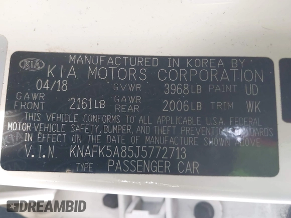 2018 Kia Forte5 LX with VIN KNAFK5A85J5772713, listed as a IAAI auction lot 41147063 with 119,726 mi miles. Bid and sale history available at carsss.com. Image 9.