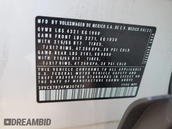 2023 Volkswagen Taos S z VIN 3VVCX7B24PM307678, wystawiony jako Copart lot #54944445 z przebiegiem 35 746 mil mil oraz Szkoda całkowita • Salvage title. Historia ofert i sprzedaży dostępna na DreamBid. Obrazek 12.