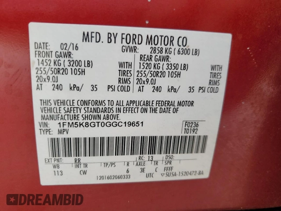 2016 Ford Explorer Sport with VIN 1FM5K8GT0GGC19651, listed as a Copart auction lot 51240465 with 139,594 mi miles and Salvage Title. Bid and sale history available at carsss.com. Image 13.