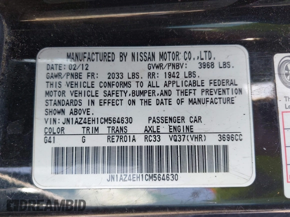 2012 Nissan 370Z z VIN JN1AZ4EH1CM564630, wystawiony jako IAAI lot #42177880 z przebiegiem 173 751 mil mil oraz . Historia ofert i sprzedaży dostępna na DreamBid. Obrazek 9.