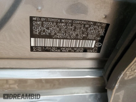 2020 Lexus LS 500 with VIN JTHD51FF6L5011952, listed as a Copart auction lot 87452454 with 36,517 mi miles and Salvage title. Bid and sale history available at DreamBid. Image 12.
