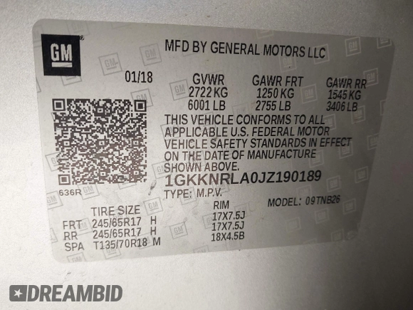 2018 GMC Acadia SLE with VIN 1GKKNRLA0JZ190189, listed as a IAAI auction lot 42211114 with 172,037 mi miles and . Bid and sale history available at DreamBid. Image 9.