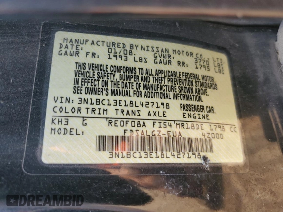 2008 Nissan Versa 1.8 S with VIN 3N1BC13E18L427198, listed as a Copart auction lot 50897105 with 89,963 mi miles and Salvage Title. Bid and sale history available at carsss.com. Image 13.