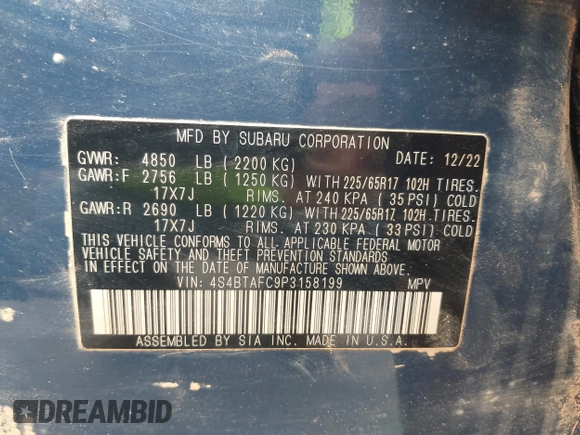 2023 Subaru Outback Premium z VIN 4S4BTAFC9P3158199, wystawiony jako IAAI lot #42289064 z przebiegiem 19 194 mil mil oraz . Historia ofert i sprzedaży dostępna na DreamBid. Obrazek 9.