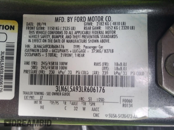 2020 Lincoln MKZ Standard z VIN 3LN6L5A93LR606176, wystawiony jako Copart lot #86555794 z przebiegiem 73 794 mil mil oraz Szkoda całkowita • Salvage title. Historia ofert i sprzedaży dostępna na DreamBid. Obrazek 13.
