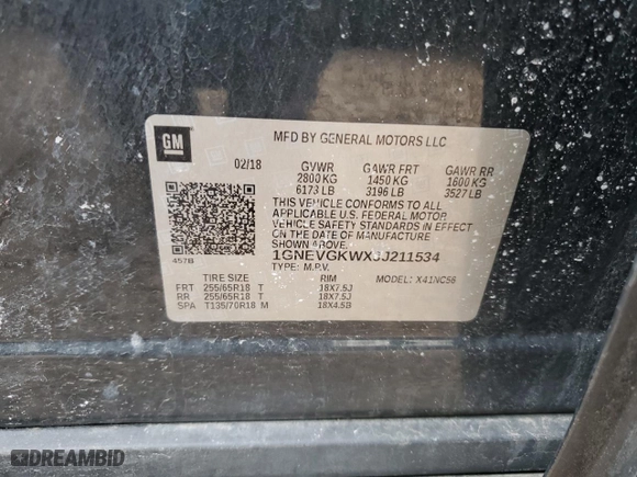 2018 Chevrolet Traverse LT Cloth with VIN 1GNEVGKWXJJ211534, listed as a Copart auction lot 49388825 with 97,782 mi miles and Salvage Title. Bid and sale history available at carsss.com. Image 13.