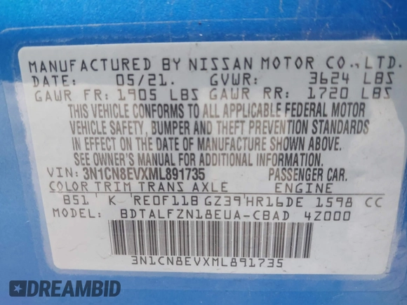 2021 Nissan Versa SV with VIN 3N1CN8EVXML891735, listed as a IAAI auction lot 41792000 with 64,201 mi miles. Bid and sale history available at carsss.com. Image 9.