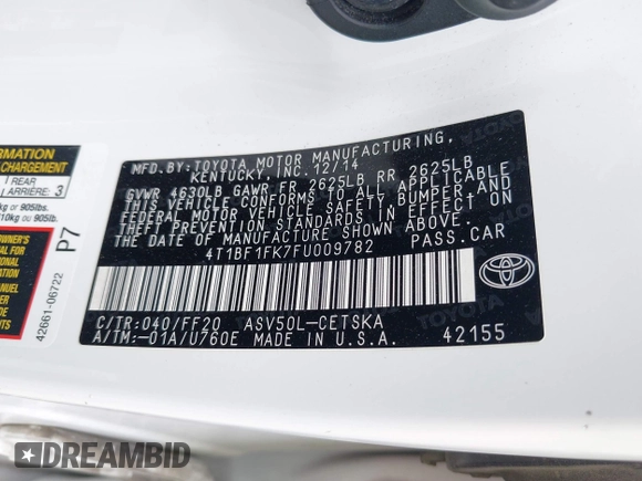 2015 Toyota Camry XLE z VIN 4T1BF1FK7FU009782, wystawiony jako IAAI lot #42366251 z przebiegiem 302 295 mil mil oraz . Historia ofert i sprzedaży dostępna na DreamBid. Obrazek 9.