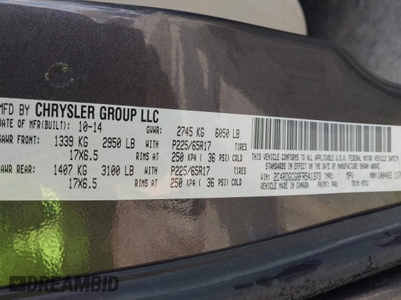 2015 Dodge Grand Caravan SXT with VIN 2C4RDGCG8FR541373, listed as a IAAI auction lot 41990500 with 114,100 mi miles and . Bid and sale history available at DreamBid. Image 9.