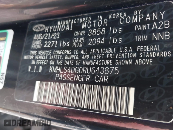 2024 Hyundai Elantra SEL with VIN KMHLS4DG0RU643875, listed as a IAAI auction lot 42496674 with 74,487 mi miles and . Bid and sale history available at DreamBid. Image 9.