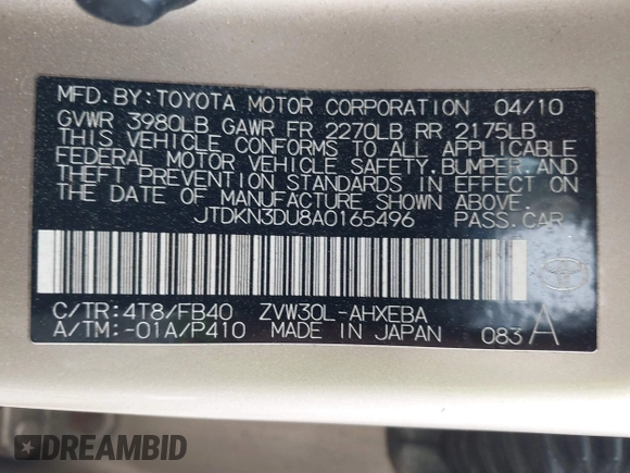 2010 Toyota Prius II with VIN JTDKN3DU8A0165496, listed as a IAAI auction lot 41960458 with 173,446 mi miles. Bid and sale history available at carsss.com. Image 9.