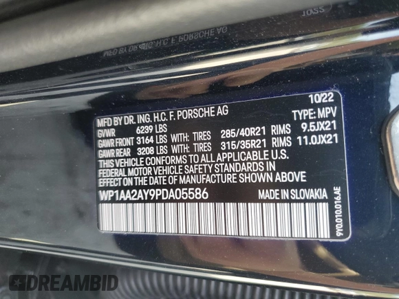 2023 Porsche Cayenne with VIN WP1AA2AY9PDA05586, listed as a Copart auction lot 54683355 with 11,370 mi miles and Salvage title. Bid and sale history available at DreamBid. Image 14.