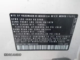 2022 Volkswagen Taos S с VIN 3VVAX7B21NM043209, выставлен на аукционе IAAI как лот 41701587 с пробегом 67 647 миль миль и . История ставок и продаж доступна на DreamBid. Изображение 9.