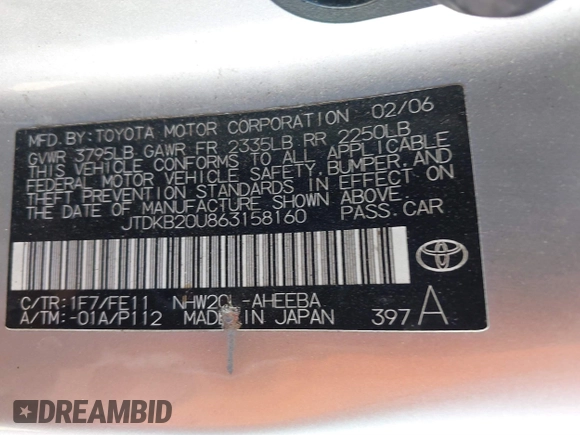 2006 Toyota Prius with VIN JTDKB20U863158160, listed as a IAAI auction lot 40891239 with 215,273 mi miles. Bid and sale history available at carsss.com. Image 9.