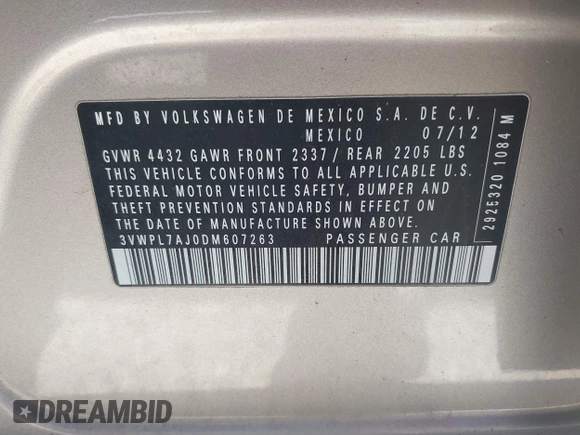 2013 Volkswagen Jetta TDI w/Sunroof & Nav with VIN 3VWPL7AJ0DM607263, listed as a IAAI auction lot 40528888 with 117,814 mi miles and . Bid and sale history available at DreamBid. Image 9.