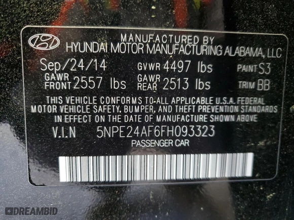 2015 Hyundai Sonata 2.4L SE with VIN 5NPE24AF6FH093323, listed as a Copart auction lot 52406005 with 113,592 mi miles and Salvage Title. Bid and sale history available at carsss.com. Image 12.