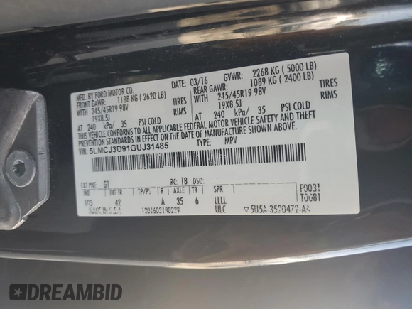 2016 Lincoln MKC Reserve with VIN 5LMCJ3D91GUJ31485, listed as a Copart auction lot 75911734 with 131,131 mi miles and Salvage title. Bid and sale history available at DreamBid. Image 13.