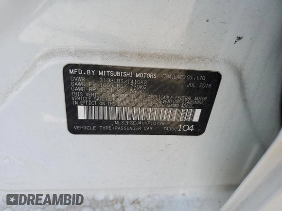 2017 Mitsubishi Mirage ES with VIN ML32F3FJ4HHF10735, listed as a Copart auction lot 54632945 with 78,161 mi miles and Clean title. Bid and sale history available at DreamBid. Image 12.