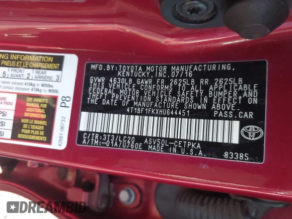 2017 Toyota Camry XLE z VIN 4T1BF1FKXHU644451, wystawiony jako IAAI lot #41187108 z przebiegiem 75 501 mil mil oraz . Historia ofert i sprzedaży dostępna na DreamBid. Obrazek 9.