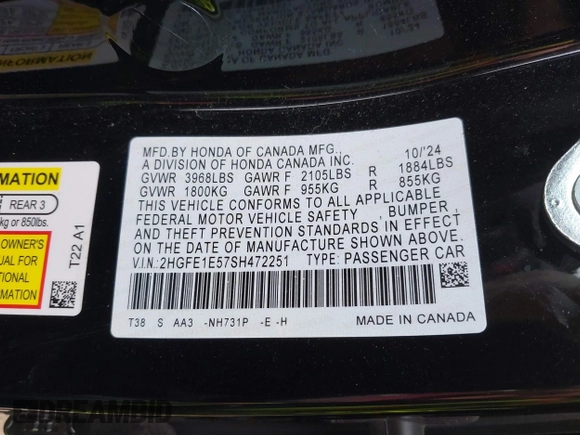 2025 Honda Civic Si with VIN 2HGFE1E57SH472251, listed as a IAAI auction lot 41776803 with 5,608 mi miles and . Bid and sale history available at DreamBid. Image 9.