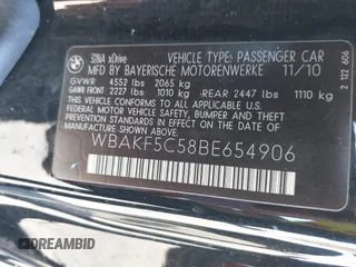 2011 BMW 3 Series 328i xDrive with VIN WBAKF5C58BE654906, listed as a IAAI auction lot 41725240 with 123,743 mi miles. Bid and sale history available at carsss.com. Image 9.