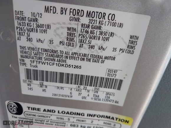 2013 Ford F-150 XL with VIN 1FTFW1CF1DKD51265, listed as a IAAI auction lot 41779068 with 202,468 mi miles. Bid and sale history available at carsss.com. Image 9.
