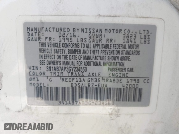 2016 Nissan Sentra SV with VIN 3N1AB7AP3GY234560, listed as a IAAI auction lot 41728302 with 122,599 mi miles and . Bid and sale history available at DreamBid. Image 9.