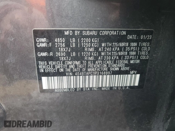 2023 Subaru Outback Touring with VIN 4S4BTAPC1P3168997, listed as a Copart auction lot 53549425 with 43,177 mi miles and Salvage title. Bid and sale history available at DreamBid. Image 13.