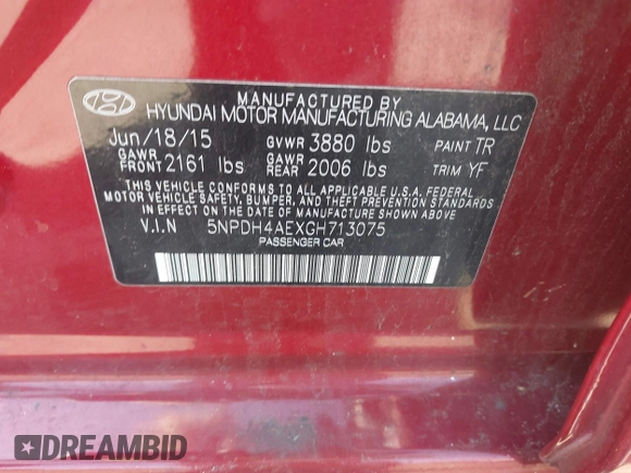 2016 Hyundai Elantra SE with VIN 5NPDH4AEXGH713075, listed as a IAAI auction lot 41875296 with 102,409 mi miles and . Bid and sale history available at DreamBid. Image 9.