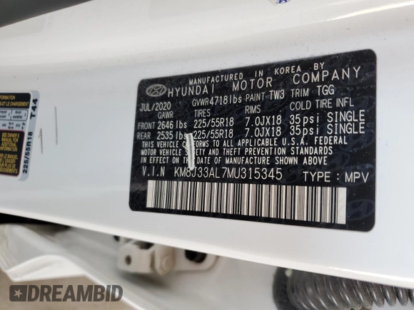 2021 Hyundai Tucson SEL с VIN KM8J33AL7MU315345, выставлен на аукционе Copart как лот 59000025 с пробегом 43 664 миль миль и Списание • Salvage title. История ставок и продаж доступна на DreamBid. Изображение 14.