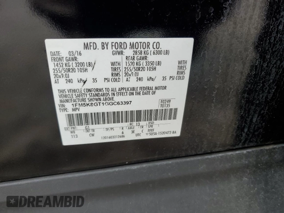 2016 Ford Explorer Sport with VIN 1FM5K8GT1GGC63397, listed as a Copart auction lot 55481335 with 161,211 mi miles and Clean title. Bid and sale history available at DreamBid. Image 13.
