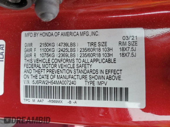 2021 Honda CR-V EX with VIN 5J6RW2H54MA007240, listed as a Copart auction lot 59720135 with 39,199 mi miles and Salvage title. Bid and sale history available at DreamBid. Image 13.