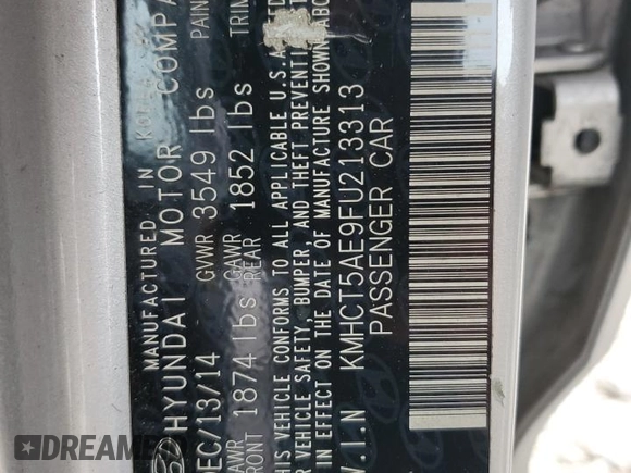 2015 Hyundai Accent GS with VIN KMHCT5AE9FU213313, listed as a Copart auction lot 69554043 with 145,364 mi miles and . Bid and sale history available at DreamBid. Image 12.