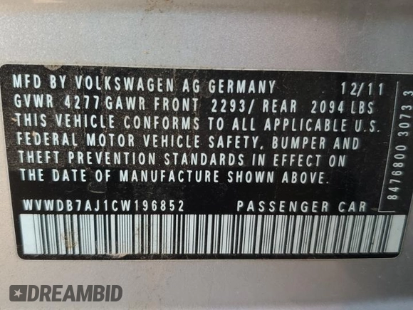 2012 Volkswagen Golf z VIN WVWDB7AJ1CW196852, wystawiony jako Copart lot #48772135 z przebiegiem 118 110 mil mil oraz Szkoda całkowita • Salvage title. Historia ofert i sprzedaży dostępna na DreamBid. Obrazek 13.
