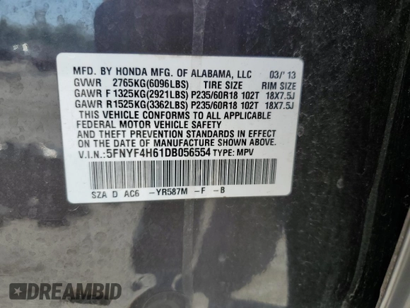 2013 Honda Pilot EX-L with VIN 5FNYF4H61DB056554, listed as a Copart auction lot 52036745 with 171,173 mi miles and Clean Title. Bid and sale history available at carsss.com. Image 13.