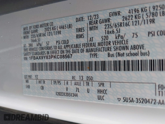 2023 Ford Transit Passenger XL with VIN 1FBAX9Y83PKC08567, listed as a IAAI auction lot 39883261 with 15,028 mi miles and . Bid and sale history available at DreamBid. Image 9.