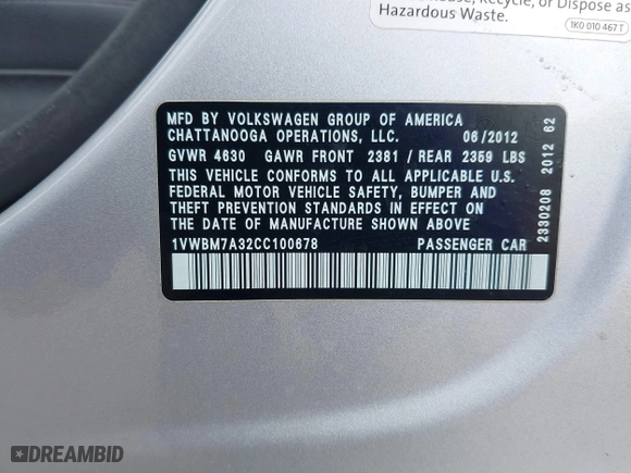 2012 Volkswagen Passat SE w/Sunroof with VIN 1VWBM7A32CC100678, listed as a IAAI auction lot 41925484 with 154,373 mi miles. Bid and sale history available at carsss.com. Image 9.