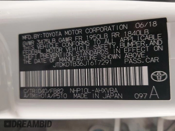 2018 Toyota Prius One with VIN JTDKDTB36J1617291, listed as a Copart auction lot 52917185 with 65,819 mi miles and Clean Title. Bid and sale history available at DreamBid. Image 12.